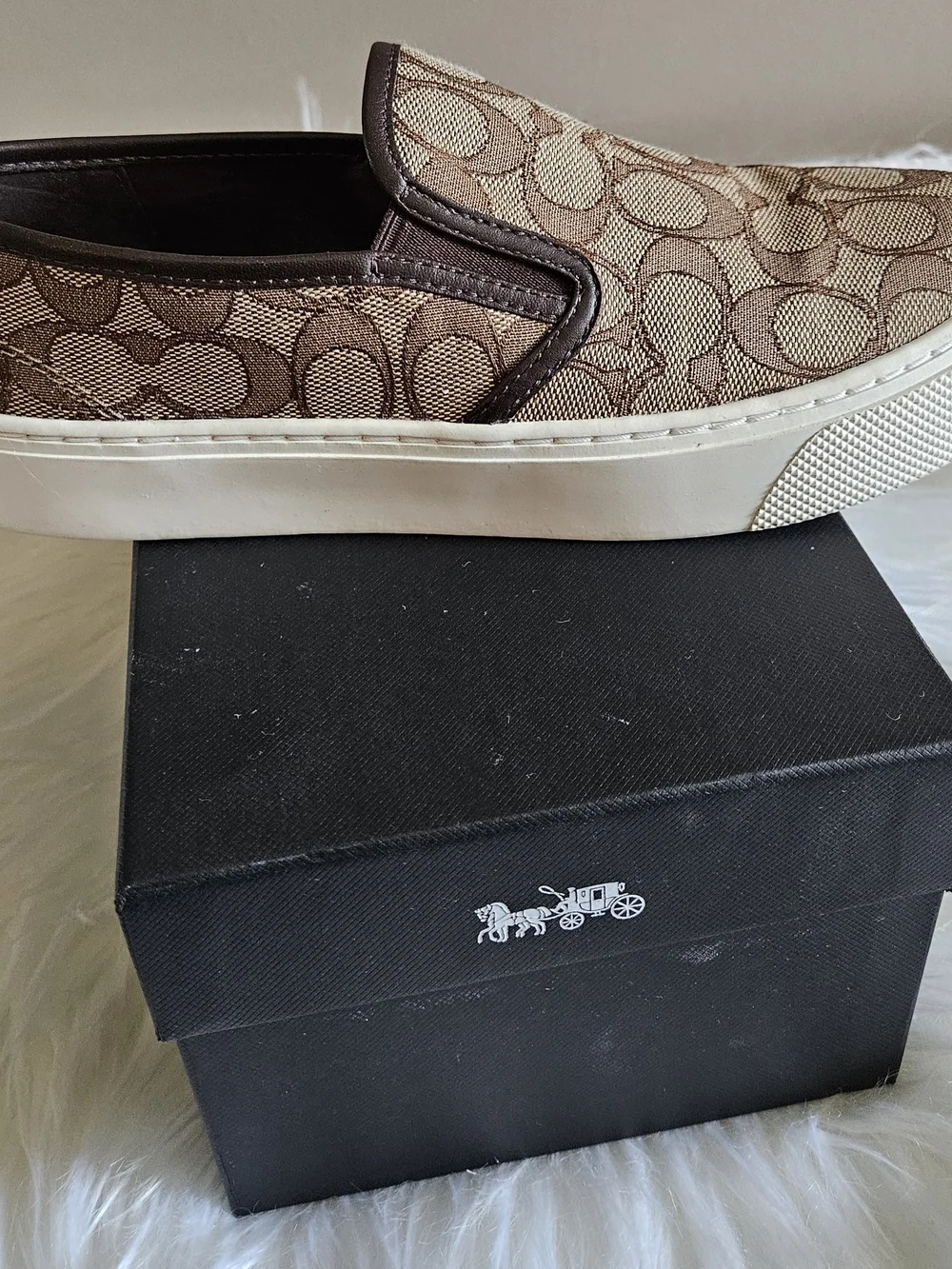 Coach Signature Canvas Slip-On Sneakers in Brown and White